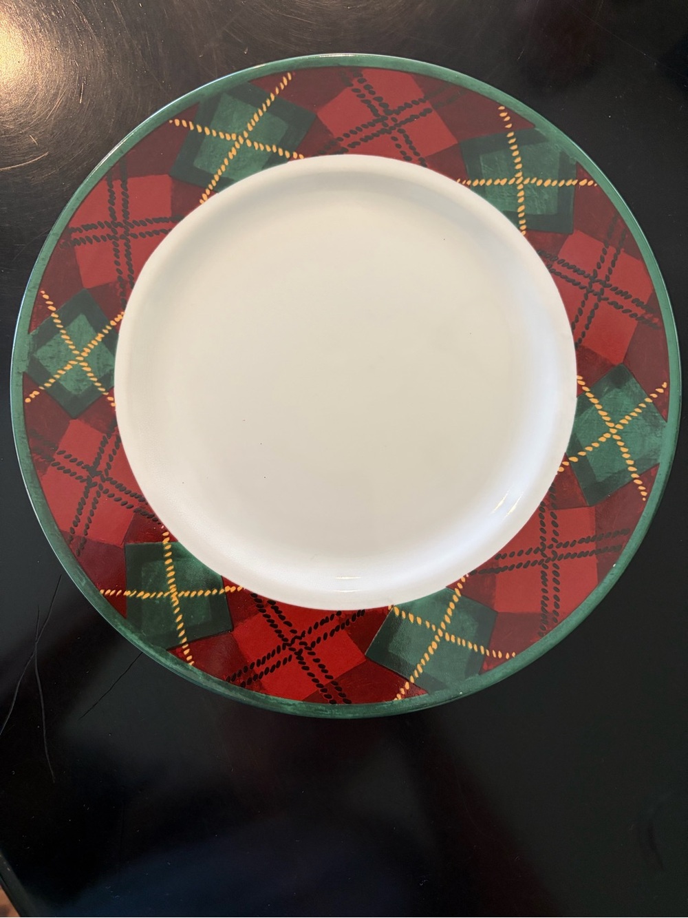 Block Father Christmas by Gear. Festive Red & Green Plaid 10 1/2” Dinner Plate.